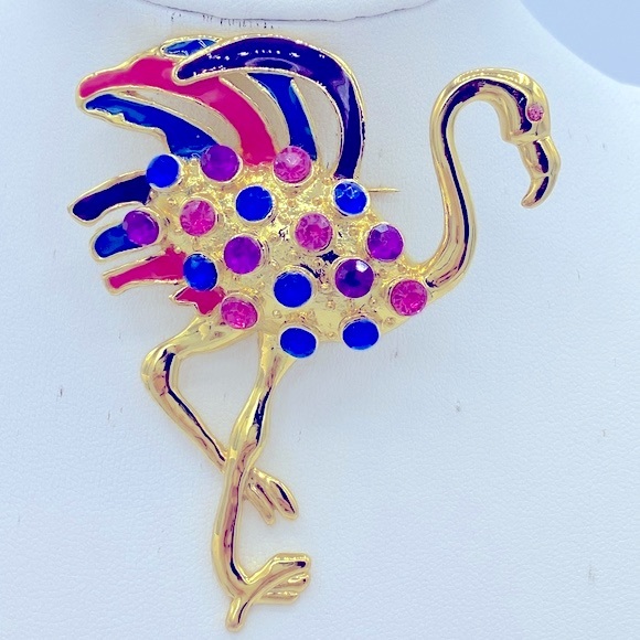 Fox Jewelry - Signed FOX Rhinestone & Enamel Gold Filled Flamingo Pin/Brooch Costume Jewelry